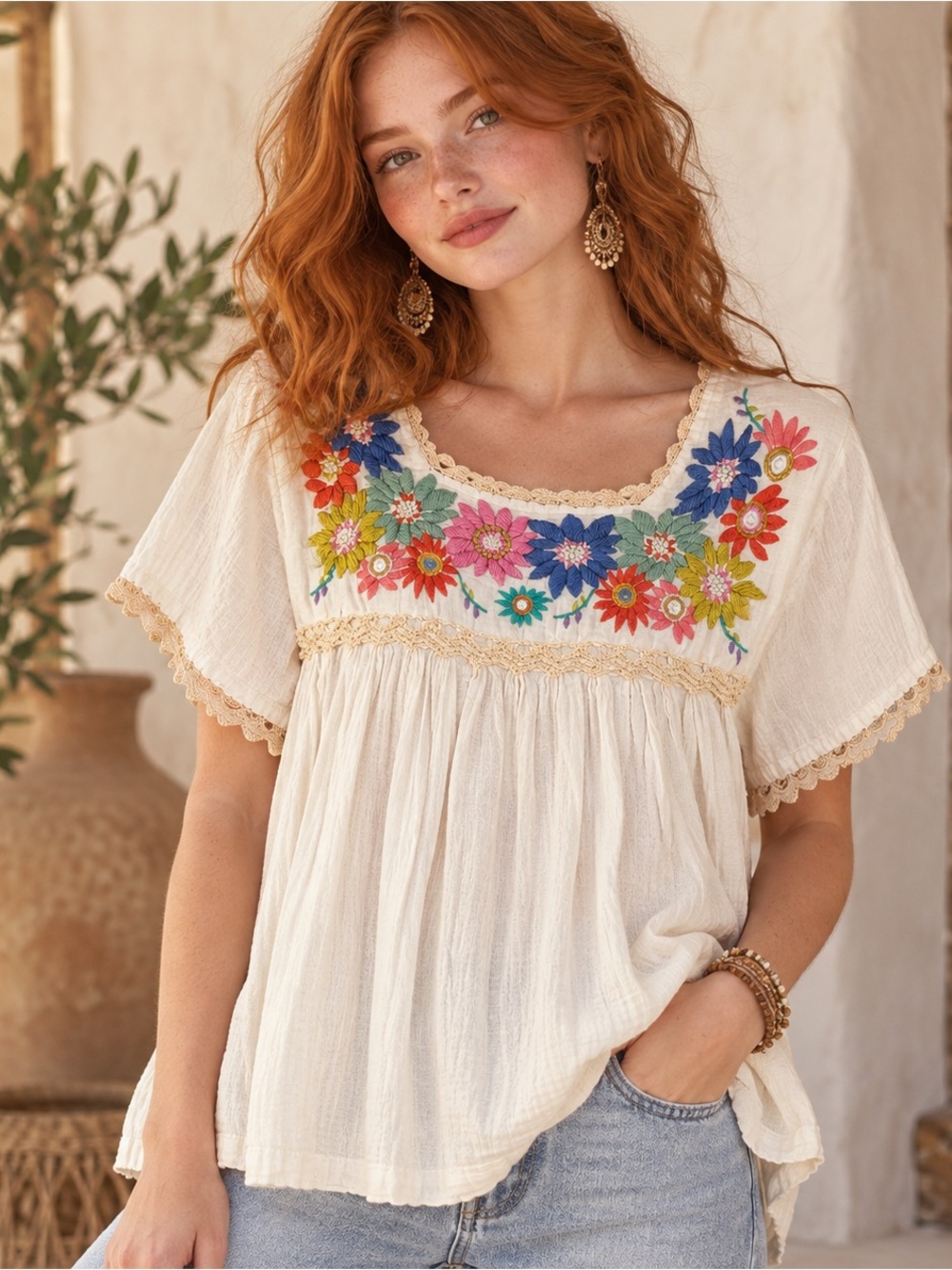 THML Embroidered Floral Boho Cotton Babydoll Blouse Large